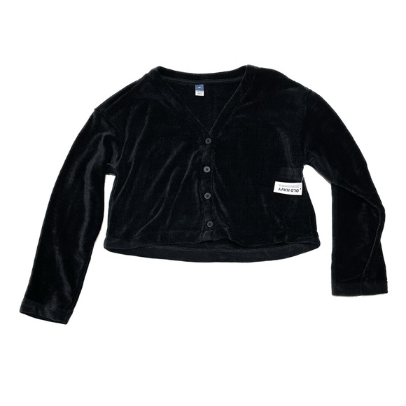NWT Old Navy Cozy Chenille Button Down Top Black Jack Boxy Crop V-Neck Cardigan - Picture 1 of 8